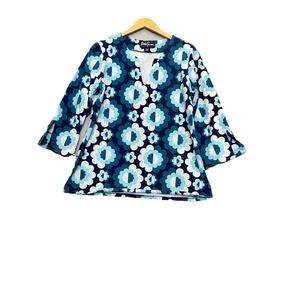 Lesley Evers Womens Floral Print Tunic Top Size XL Teal Navy 3/4 Sleeve Artsy